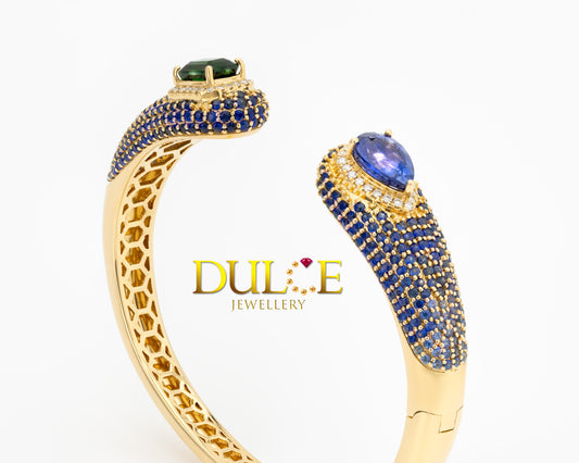 18K Gold Blue Sapphire & Tsavorite Diamond Bangle