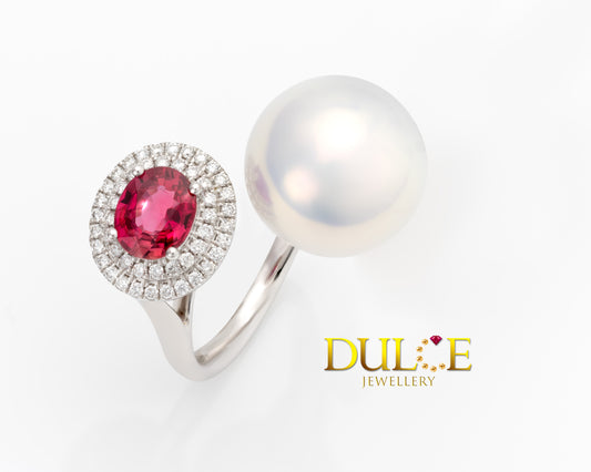 18K Gold No Heat Ruby & Freshwater Pearl Diamond Ring