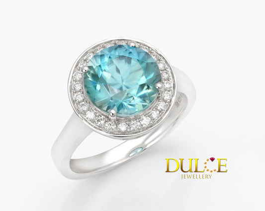 18K Gold Blue Zircon & Diamond Ring