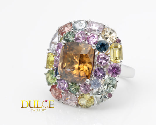 18K Gold Brown Zircon & Multi-Color Gemstone Dual Purpose Ring/Pendant