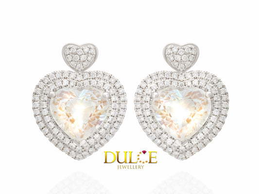 "Top-quality rainbow moonstone earrings featuring a shimmering halo of diamonds set in a refined gold design."