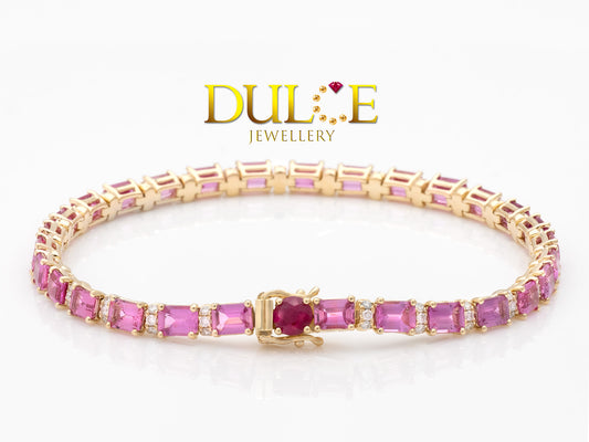 "Super vibrant pink sapphire bracelet set in a delicate gold or silver band."