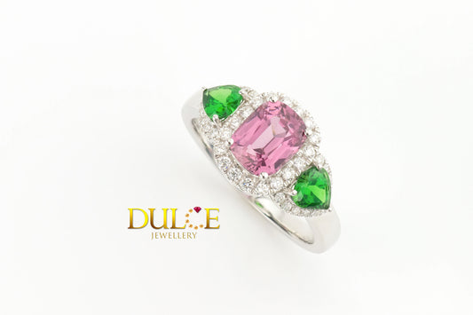 18K White Gold Spinel, Tsavorite & Diamond Ring (GRSAPTSV5303)