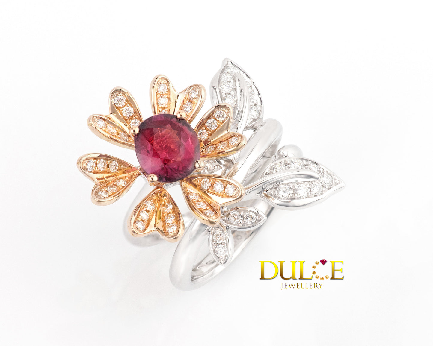 18K Gold Pinkish-Red Sapphire Diamond Ring