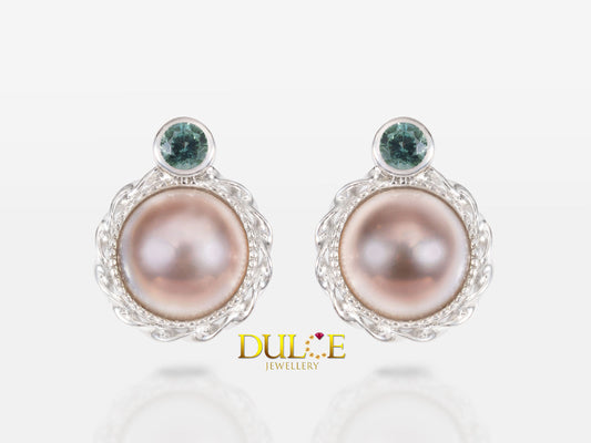 Green Sapphire & Freshwater Mabe Silver Earrings