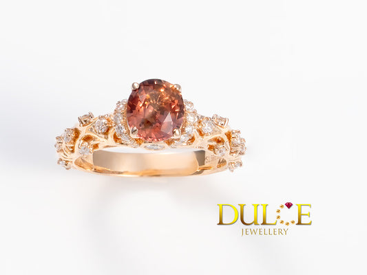 18K Gold Padparadscha & Diamond Ring (GRPR&D6444)