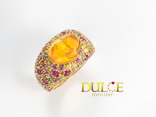 18K Gold Fire Opal & Multi-color Gemstone Ring (GROPMC5970)