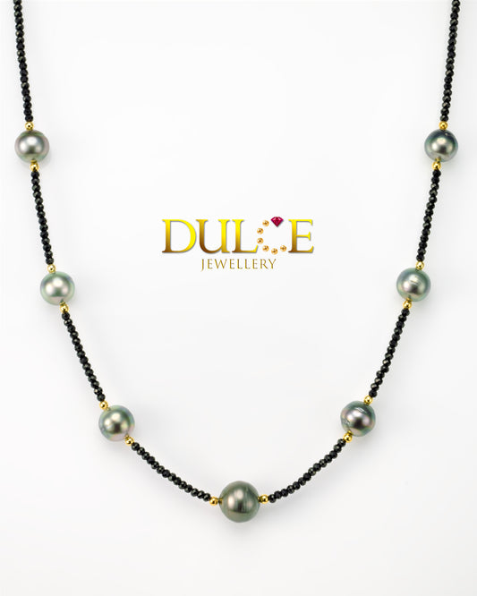 8-12mm Tahitian Pearls & Black Spinel Silver Clasp Necklace