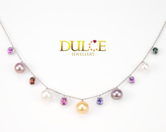 18K Gold Multi Color Sapphire & Pearls Necklace