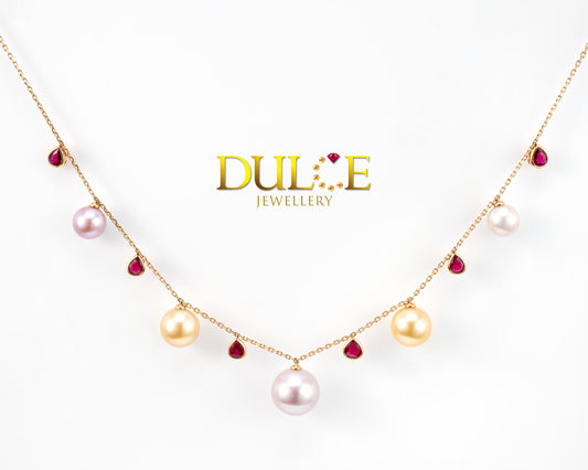 18K Gold Ruby & Pearls Necklace