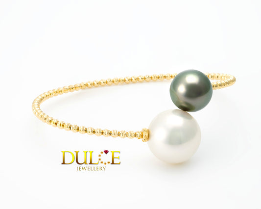 18K Gold Freshwater Pearl & Tahitian Pearl Bangle