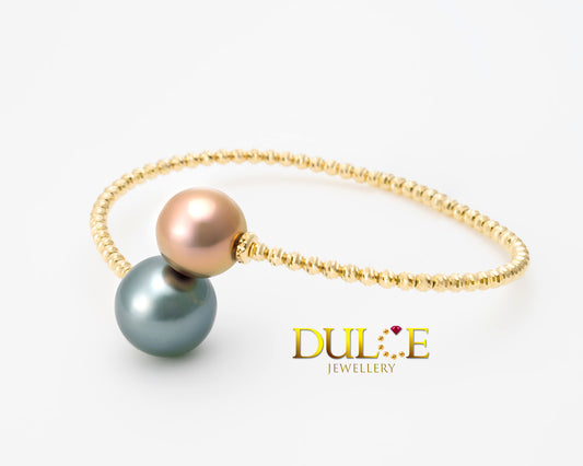 18K Gold Freshwater Pearl & Tahitian Pearl Bangle