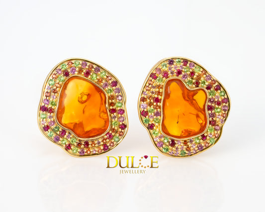 18K Gold Fire Opal & Multi-color Gemstone Earrings