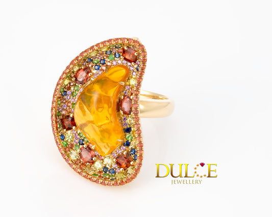 18K Gold Mexican Opal & Multi-color Gemstone Dual Purpose Ring/Pendant