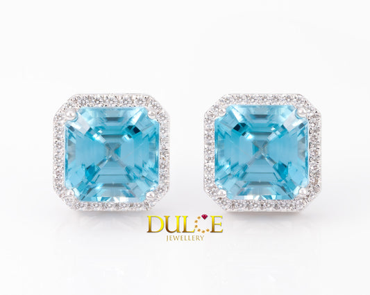 18K Gold Blue Zircon & Diamond Earrings