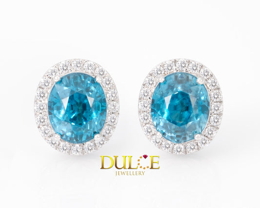 18K Gold Blue Zircon & Diamond Earrings