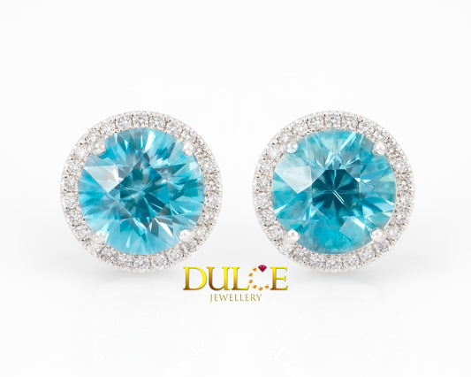 18K Gold Blue Zircon & Diamond Earrings