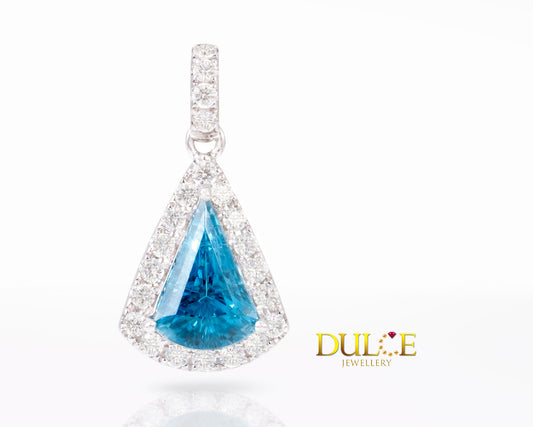 18K Gold Blue Zircon & Diamond Pendant