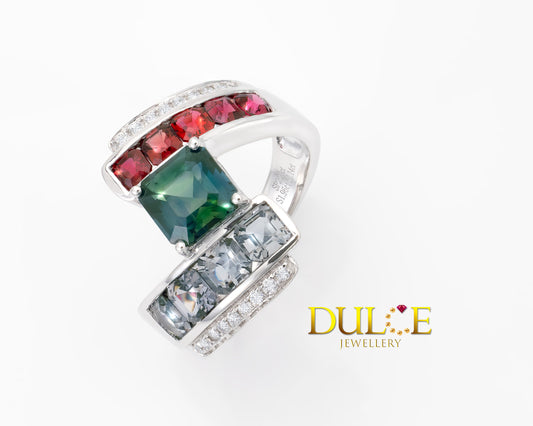 18K Gold Green Sapphire, Spinel & Diamond Ring