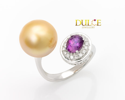 18K Gold Sapphire & Golden Southsea Pearl Diamond Ring