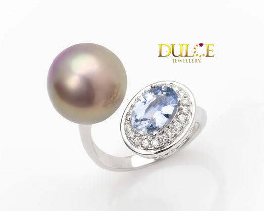 18K Gold Sapphire & Freshwater Pearl Diamond Ring