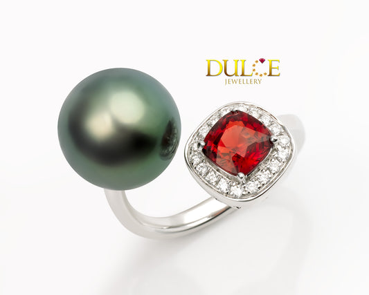 18K Gold Red Spinel & Tahitian Pearl Diamond Ring