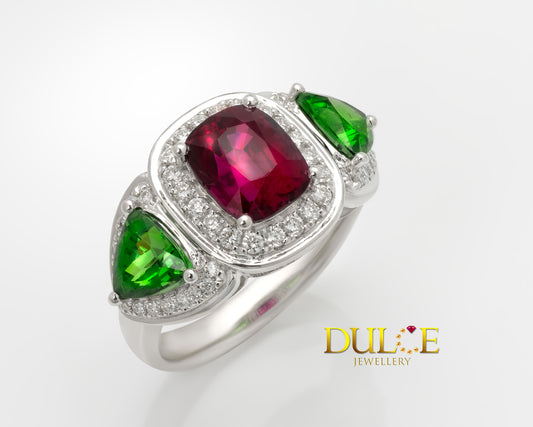 18K Gold Red Spinel & Tsavorite Ring