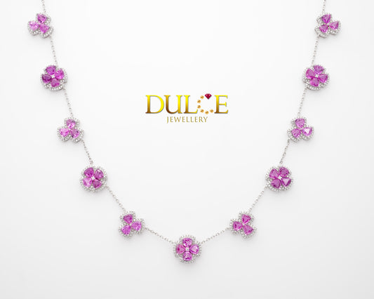 18K Gold Hot Pink Sapphire Diamond Necklace