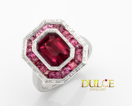 18K Gold Red Spinel & Pink Spinel Halo Ring