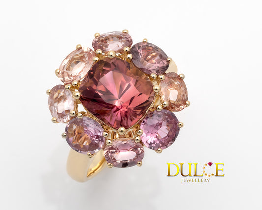 14K Gold Reddish Orange Tourmaline Sapphire Halo Ring