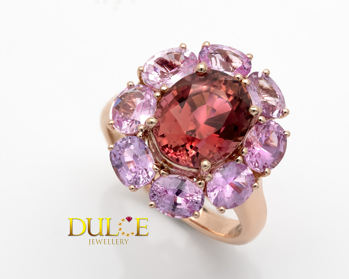 14K Gold Reddish Orange Tourmaline & Pink Sapphire Halo Ring