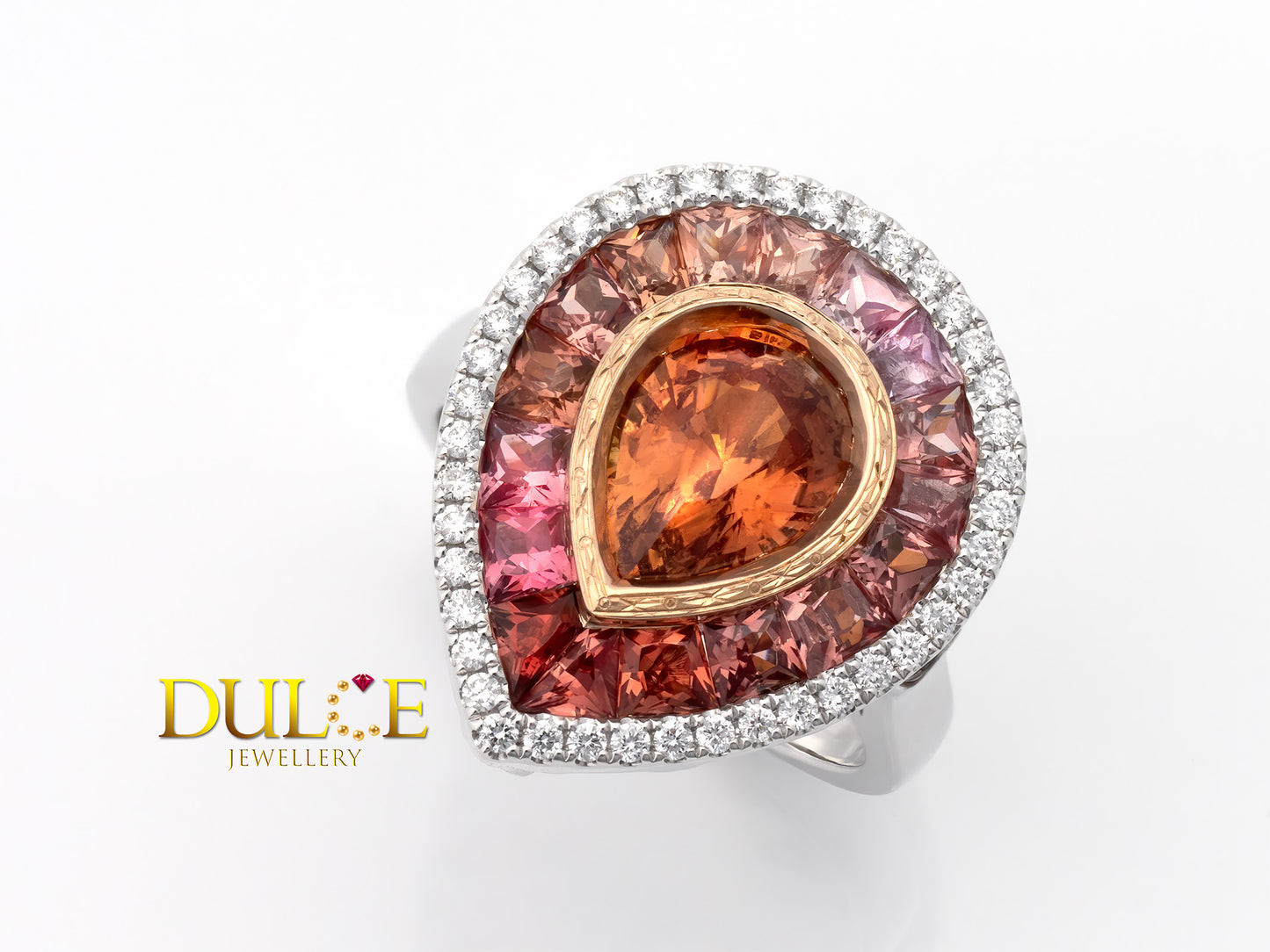 14K Gold Orange Sapphire & Spinel Halo Ring