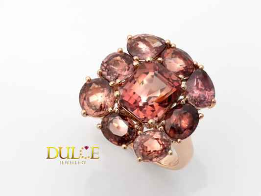 14K Gold Reddish Orange Tourmaline & Brown Zircon Halo Ring