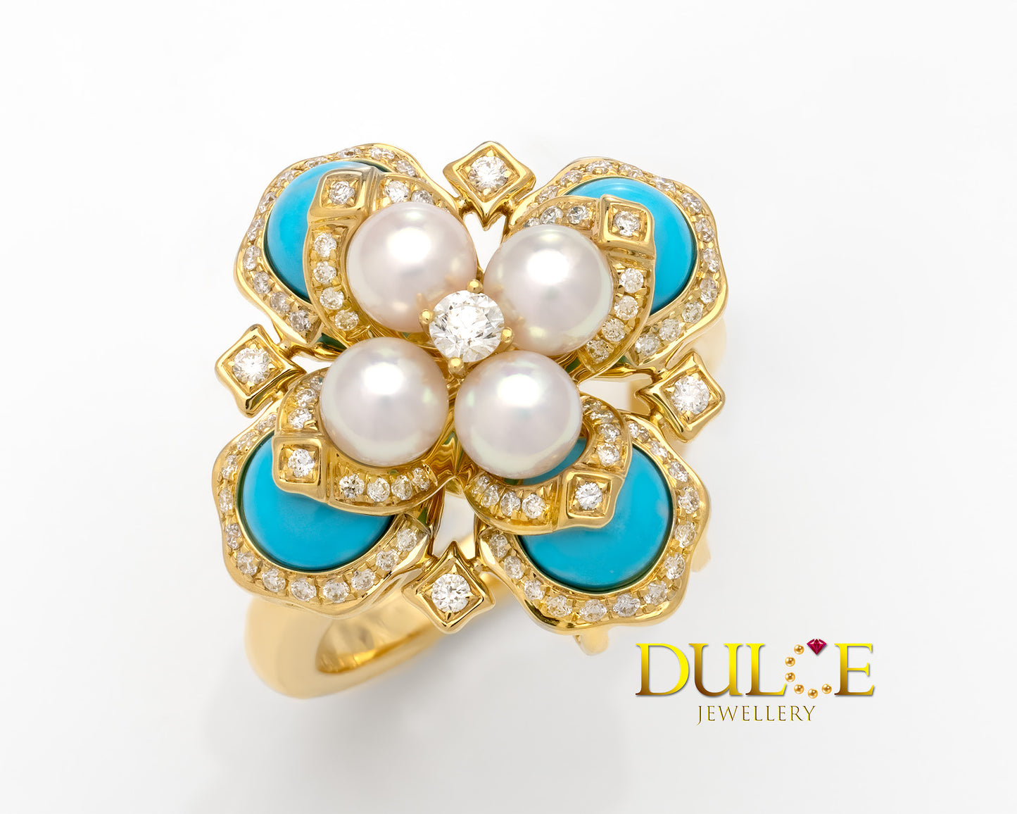 18K Gold Sleeping Beauty Turquoise & Japanese Akoya Pearls Ring