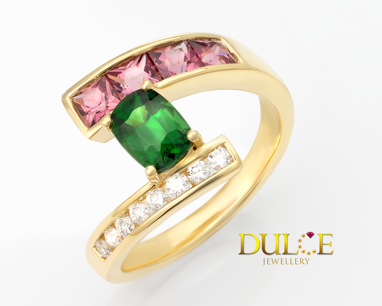 18K Gold Tsavorite, Pink Spinel & Diamond Ring