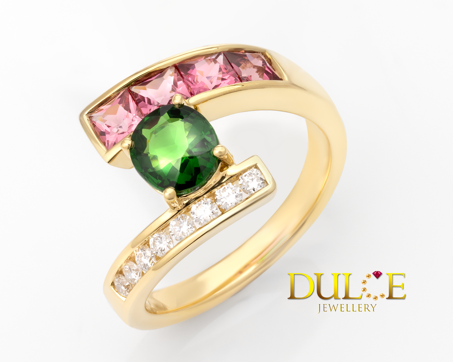 18K Gold Tsavorite, Pink Spinel & Diamond Ring