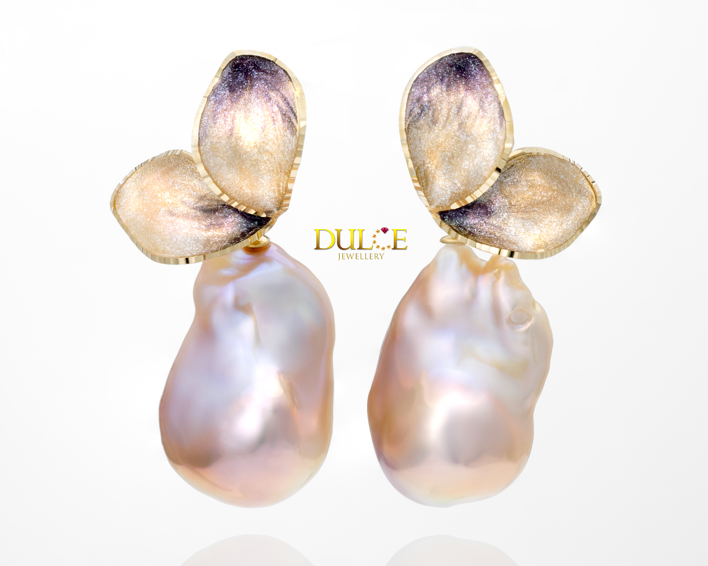 18K Gold Freshwater Baroque Pearls Italian Enamel Earrings