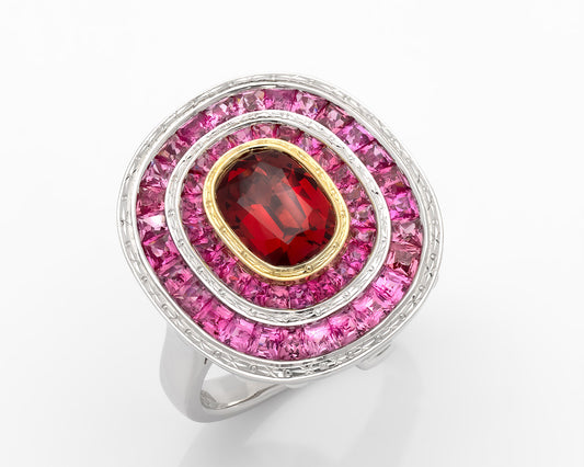 18K Gold Red Spinel & Pink Spinel Halo Ring