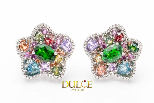 Rainbow color tsavorite, red spinel, blue zircon, sapphire, elegant, vivid, vibrant, modern, elegant, fashionable, luxury earrings