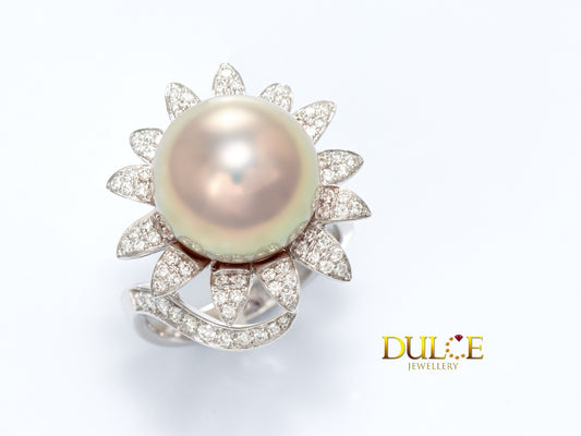 18K Gold Pink Freshwater Pearl Diamond Ring (GRD&14)