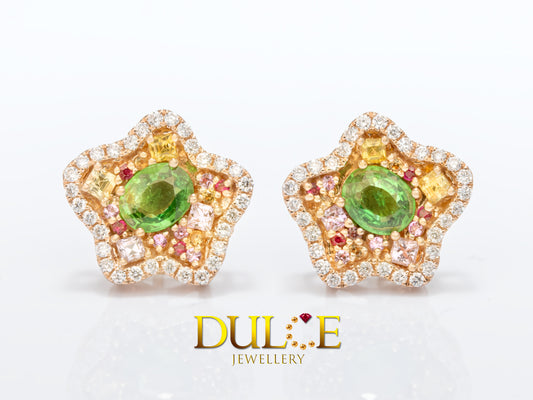 18K Gold Tsavorite Multi-Color Sapphire Diamond Earrings (#2827)